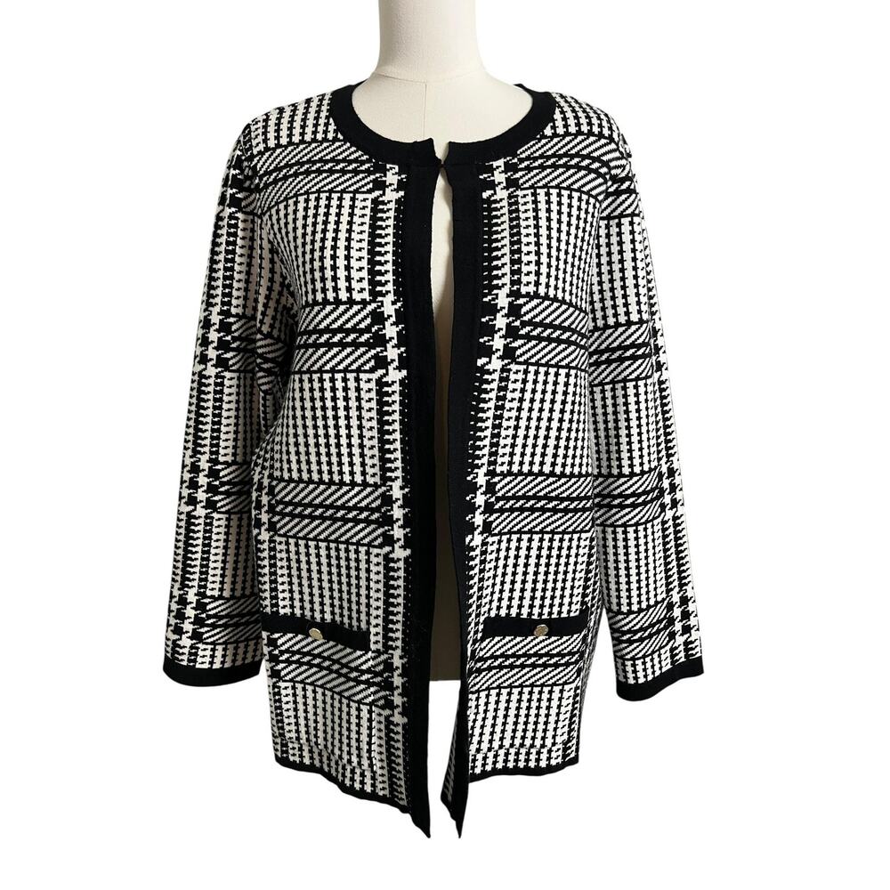 Anne Klein Cardigan Sweater Womens Plaid Knit Open Front Twee Classic Mature